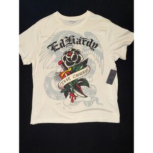 Ed Hardy White Corp Rose Short Sleeve Y2K Mens Size XL NWT